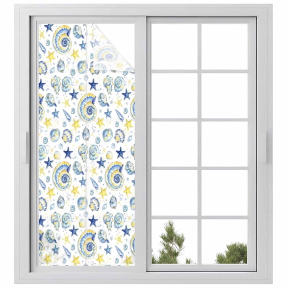 Window Privacy Film Blue Yellow Conch Stained Glass Window Film Decorative Sun Block Window Cover Summer Ocean Starfish Shells Bubble Window Clings Static Adhesive Sticker for Bathroom 23.6"x59"