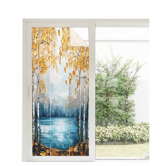 Window Privacy Film Blue Yellow Oil Painting Stained Glass Window Film Decorative Sun Block Window Cover Modern Tree Art Contemporary Window Clings Static Adhesive Sticker for Bathroom 35.4"x78.7"