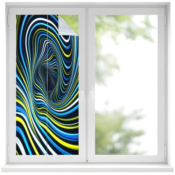 Window Privacy Film Blue Yellow White Spiral Stained Glass Window Film Decorative Sun Block Window Cover Neon Lines Abstract Cyber Window Clings Static Adhesive Sticker for Bathroom 17.7"x39.3"