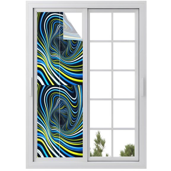 Window Privacy Film Blue Yellow White Spiral Stained Glass Window Film Decorative Sun Block Window Cover Neon Lines Abstract Cyber Window Clings Static Adhesive Sticker for Bathroom 29.5"x118"