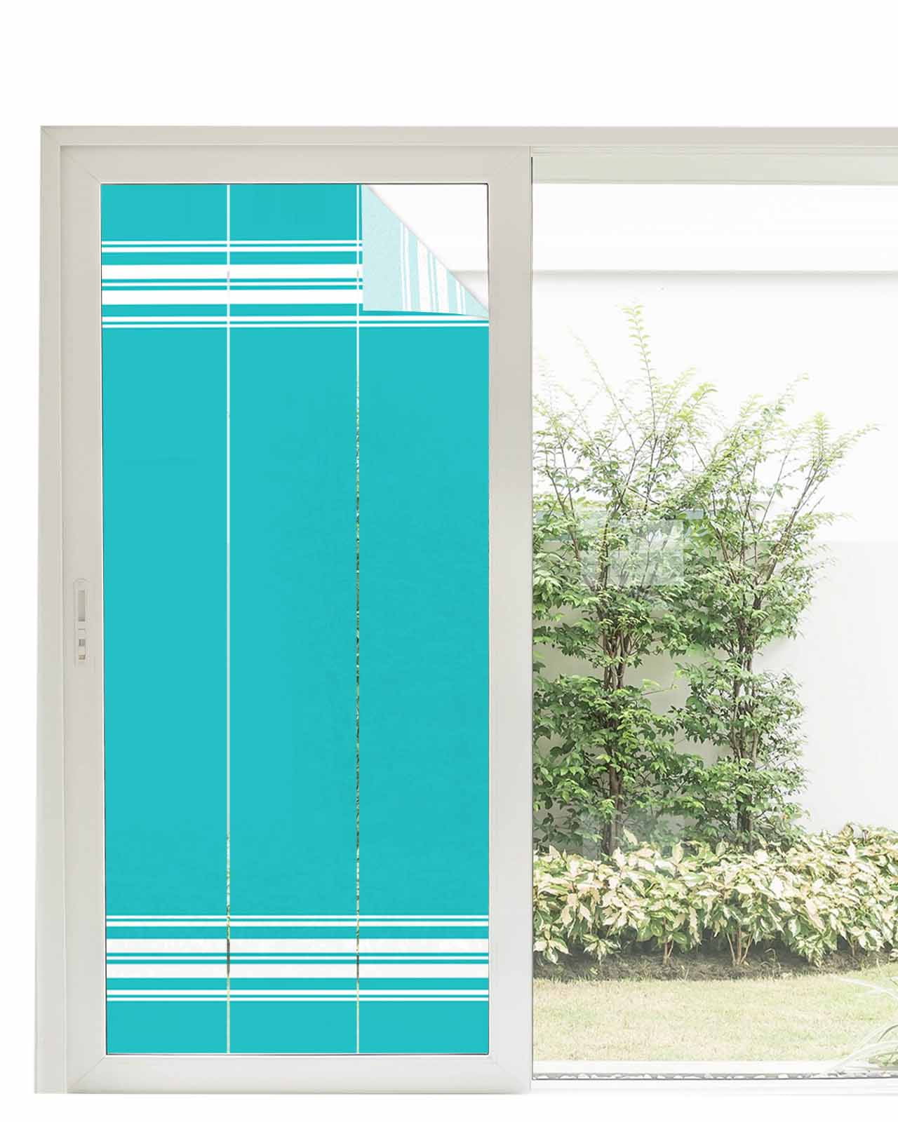 Window Privacy Film, Bluish Green Stripes UV Sun Blocking Window Tint Film Heat Control One Way Blackout Window Film, Farmhouse Modern Vertical Lines Non Adhesive Static Cling Sticker 35.4x78.7 In