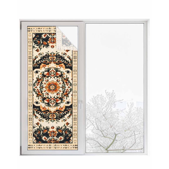 Window Privacy Film Bohemian Floral Stained Glass Window Film Decorative Sun Block Window Cover Vintage Boho Retro Ethnic Tribes Window Clings Static Adhesive Sticker for Bathroom 23.6"x59"