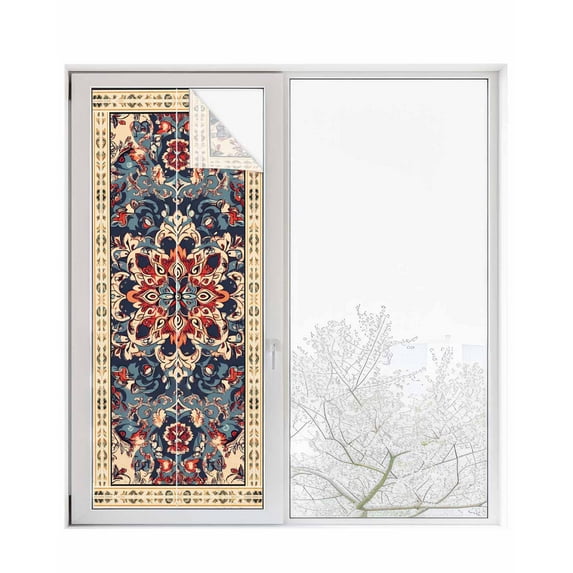 Window Privacy Film Bohemian Stained Glass Window Film Decorative Sun Block Window Cover Blue Retro Boho Ethnic Farmhouse Colorful Window Clings Static Adhesive Sticker for Bathroom 23.6"x59"