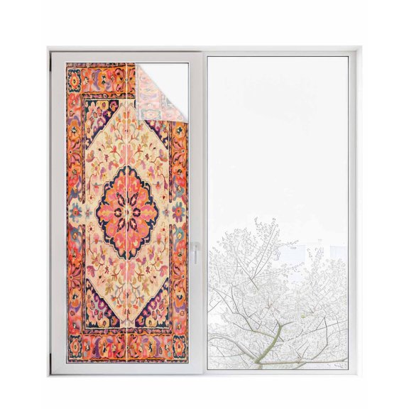 Window Privacy Film Boho Aztec Stained Glass Window Film Decorative Sun Block Window Cover Retro Southwest Farmhouse Ethnic Floral Window Clings Static Adhesive Sticker for Bathroom 23.6"x59"
