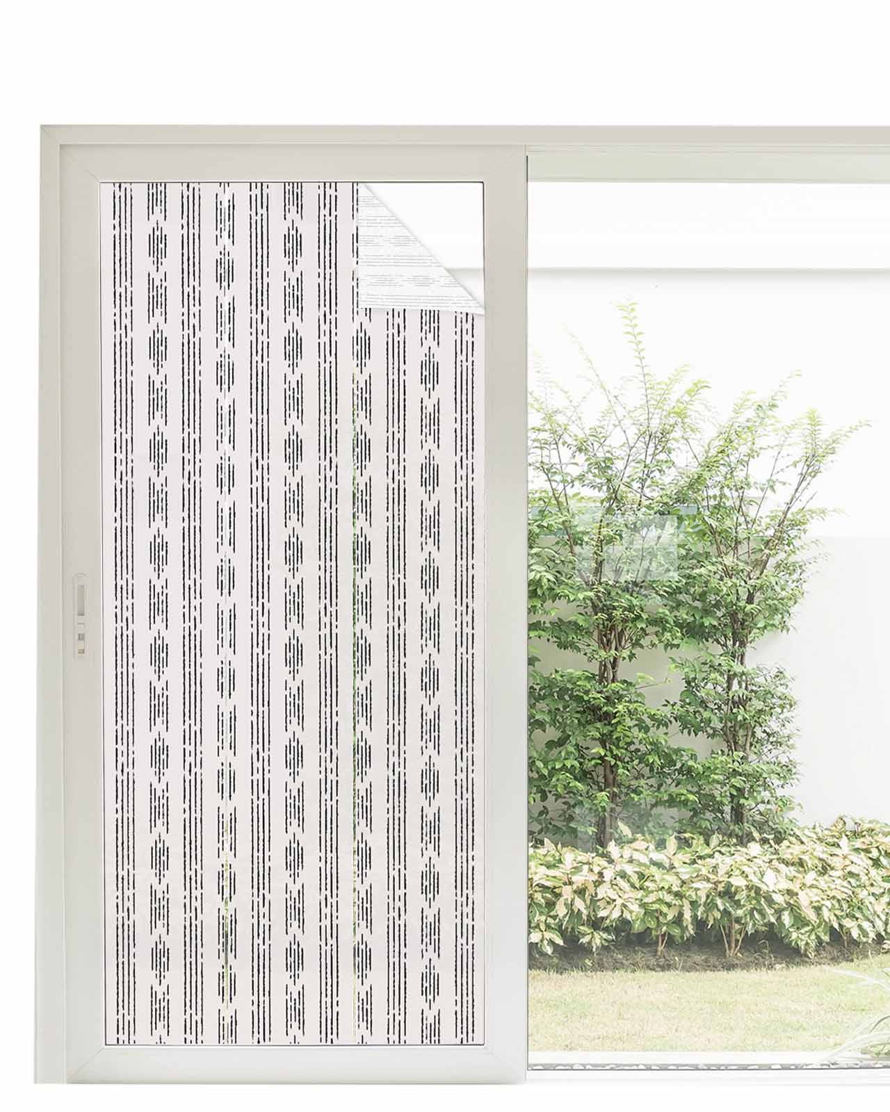 Window Privacy Film, Boho Black Stripes UV Sun Blocking Window Tint Film Heat Control One Way Blackout Window Film, Modern Bohemian Grey Art Texture Non Adhesive Static Cling Sticker 35.4x78.7 In