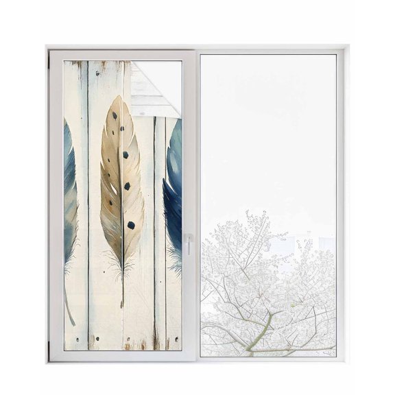 Window Privacy Film Boho Blue Feathers Stained Glass Window Film Decorative Sun Block Window Cover Rustic Retro Wooden Board Window Clings Static Adhesive Sticker for Bathroom 29.5"x78.7"