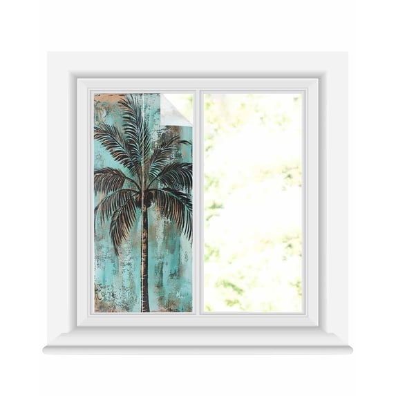 Window Privacy Film Boho Coastal Tree Stained Glass Window Film Decorative Sun Block Window Cover Ocean Vintage Tropical Plant Flower Window Clings Static Adhesive Sticker for Bathroom 17.7"x39.3"