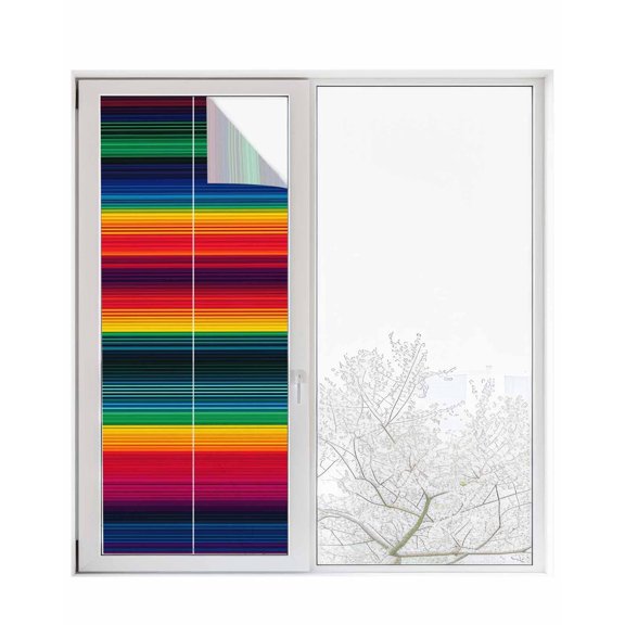 Window Privacy Film Boho Colored Stripes Stained Glass Window Film Decorative Sun Block Window Cover Abstract Mexico Minimalist Pattern Window Clings Static Adhesive Sticker for Bathroom 23.6"x59"