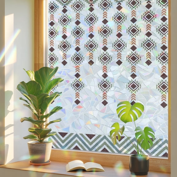 Window Privacy Film Boho Diamond Stained Glass Window Film Bohemian Geometric Stripes Beads Rainbow Static Window Clings for Glass Windows Home Bathroom Living Room Office Door Sticker 17.7"39.3"