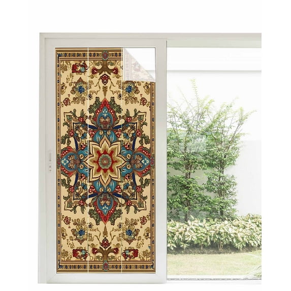 Window Privacy Film Boho Flower Stained Glass Window Film Decorative Sun Block Window Cover Bohemian Western Rustic Tribal Patterns Window Clings Static Adhesive Sticker for Bathroom 35.4"x78.7"