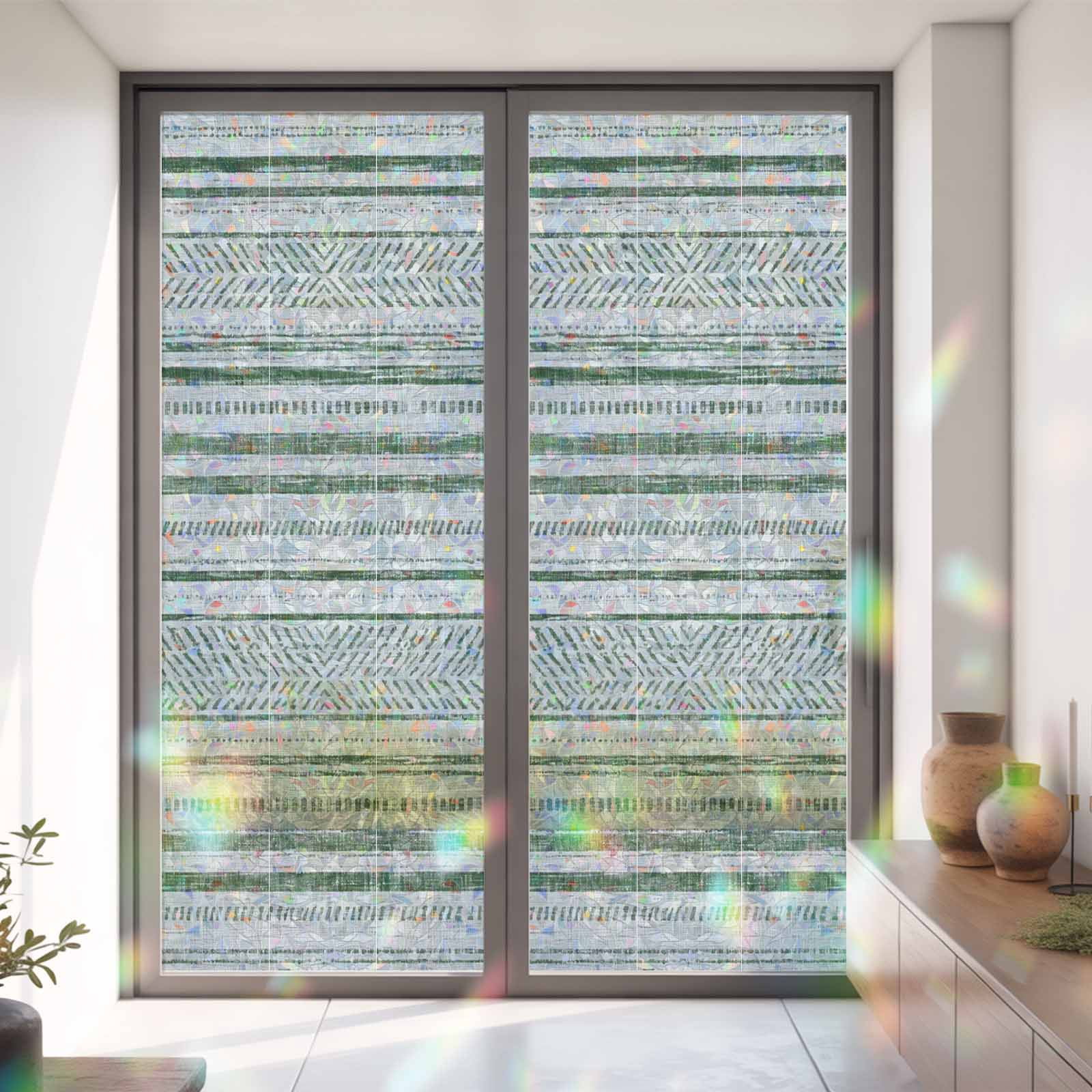 Window Privacy Film,Boho Sage Green Stripe Static Clings Decorative ...