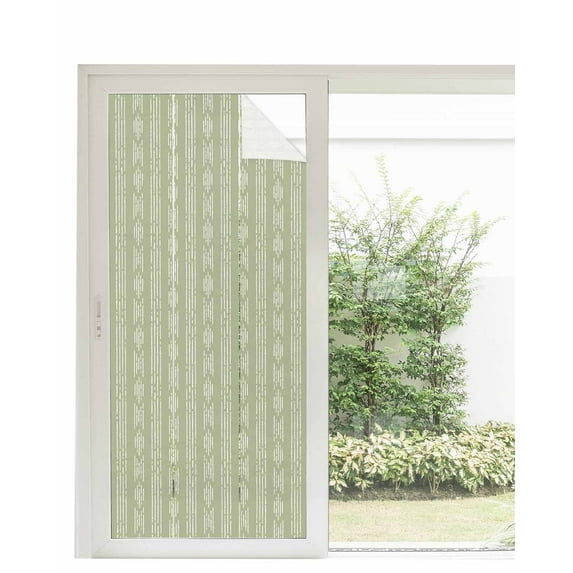 Window Privacy Film, Boho Sage Green Stripes UV Sun Blocking Window Tint Film Heat Control One Way Blackout Window Film, Modern Bohemian Art Texture Non Adhesive Static Cling Sticker 35.4x78.7 In