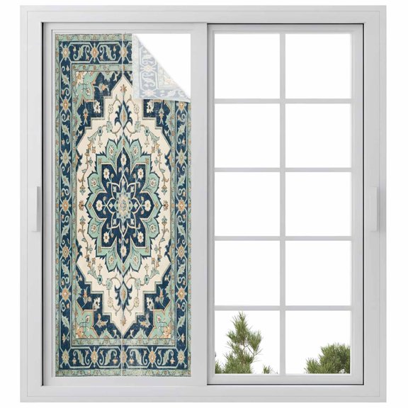 Window Privacy Film Boho Stained Glass Window Film Decorative Sun Block Window Cover Traditional Abstract Ethnic Floral Pattern Window Clings Static Adhesive Sticker for Bathroom 23.6"x59"