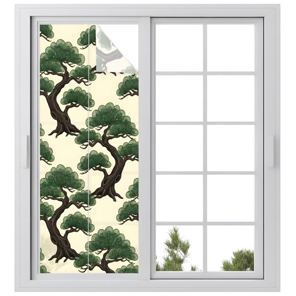 Window Privacy Film Bonsai Tree Stained Glass Window Film Decorative Sun Block Window Cover Botanical Pine Evergreen Japanese Zen Cream Window Clings Static Adhesive Sticker for Bathroom 23.6"x59"