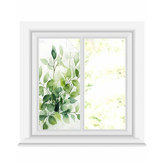 Window Privacy Film Botanical Eucalyptus Stained Glass Window Film Decorative Sun Block Window Cover Spring Watercolor Landscape Window Clings Static Adhesive Sticker for Bathroom 19.6"x39.3"