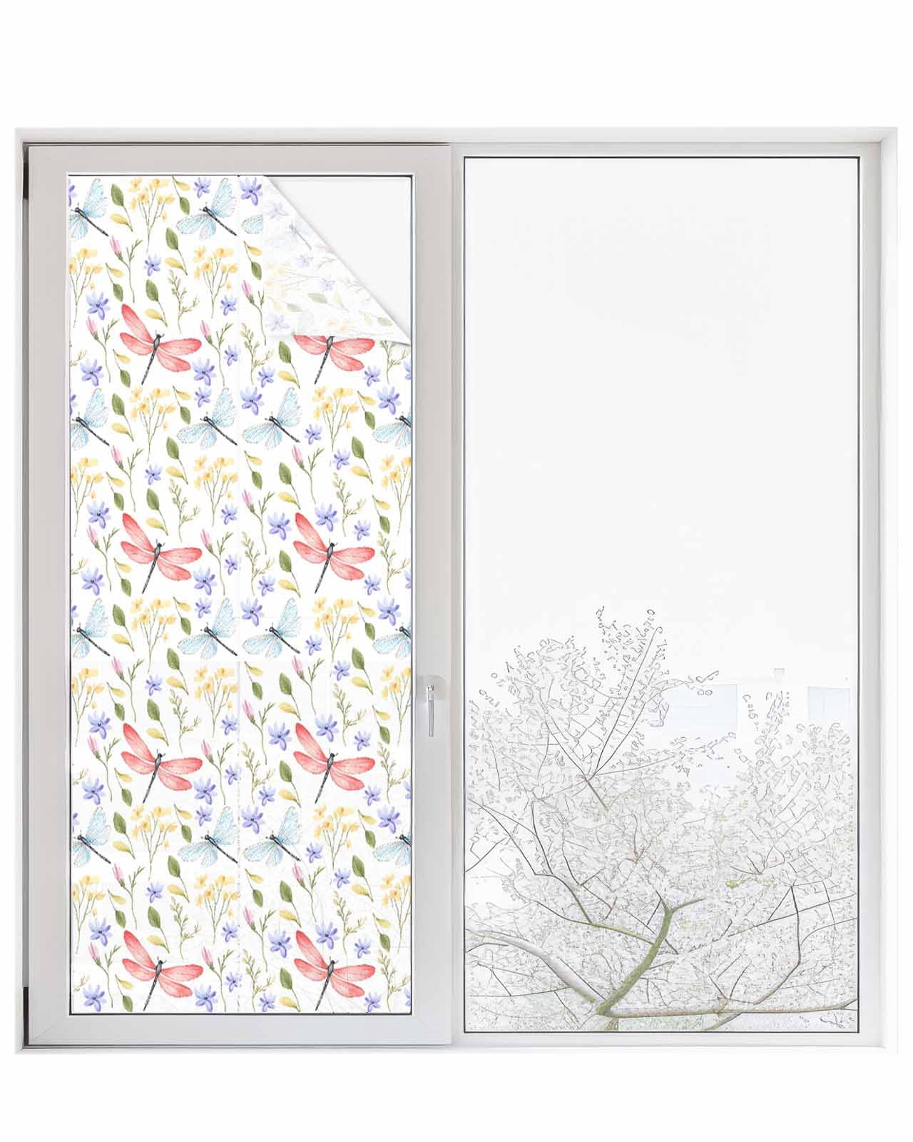 Window Privacy Film Botanical Flowers Stained Glass Window Film Decorative Sun Block Window Cover Spring Pink Dragonfly Pastoral Window Clings Static Adhesive Sticker for Bathroom 23.6"x59"