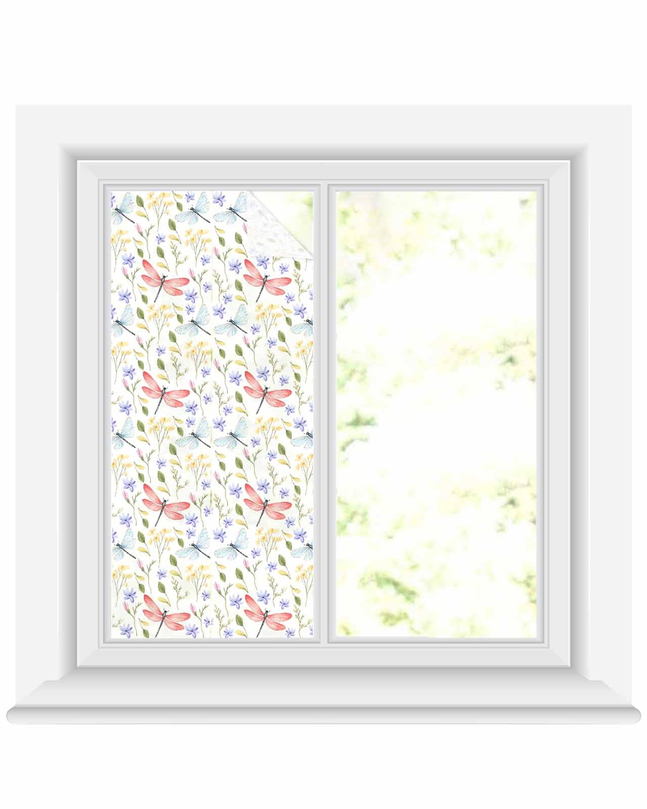 Window Privacy Film Botanical Flowers Stained Glass Window Film Decorative Sun Block Window Cover Spring Pink Dragonfly Pastoral Window Clings Static Adhesive Sticker for Bathroom 19.6"x39.3"