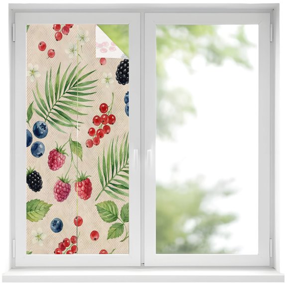 Window Privacy Film Botanical Fruit Stained Glass Window Film Decorative Window Cover Vintage Summer Blueberry Raspberry Leaves Window Clings Static Adhesive Sticker for Bathroom 19.6"x39.3"