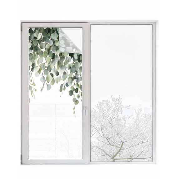 Window Privacy Film Botanical Leaves Stained Glass Window Film Decorative Sun Block Window Cover Farmhouse Simple Eucalyptus Branches Window Clings Static Adhesive Sticker for Bathroom 23.6"x59"