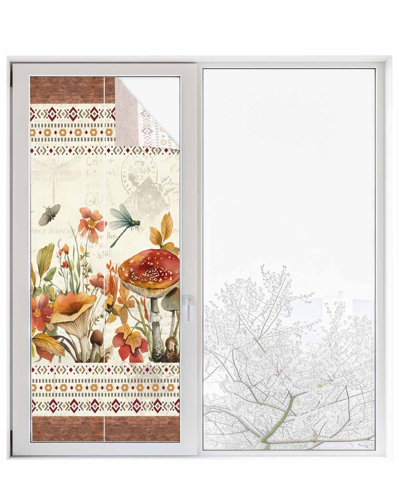 Window Privacy Film Botanical Mushrooms Stained Glass Window Film Decorative Sun Block Window Cover Retro Fall Wild Flowers Farmhouse Window Clings Static Adhesive Sticker for Bathroom 23.6"x59"