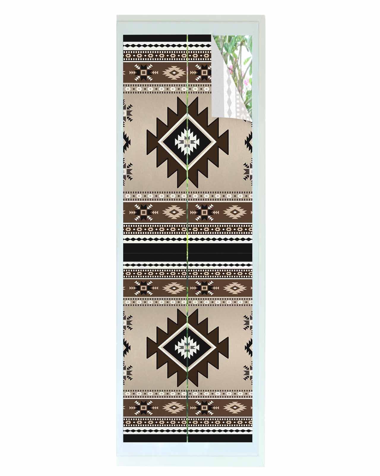 Window Privacy Film Brown Aztec Stained Glass Window Film Decorative Sun Block Window Cover Boho Southwest Ethnic Neutral Motifs Window Clings Static Adhesive Sticker for Bathroom 29.5"x118"