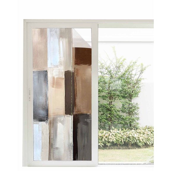Window Privacy Film Brown Beige Color Blocks Stained Glass Window Film Decorative Sun Block Window Cover Abstract Oil Painting Art Window Clings Static Adhesive Sticker for Bathroom 35.4"x78.7"