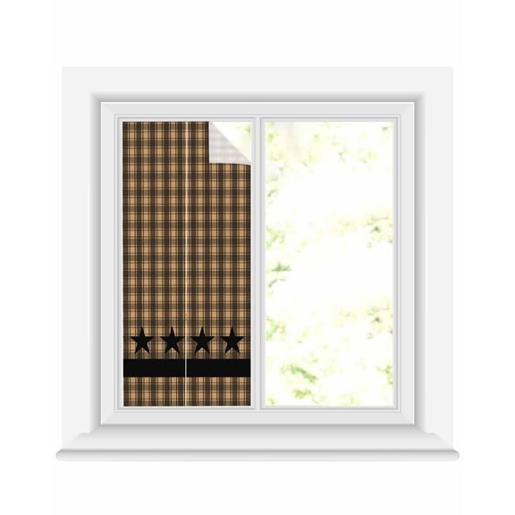 Window Privacy Film Brown Black Plaid Stained Glass Window Film Decorative Sun Block Window Cover Vintage Rustic Star Buffalo Check Window Clings Static Adhesive Sticker for Bathroom 19.6"x39.3"