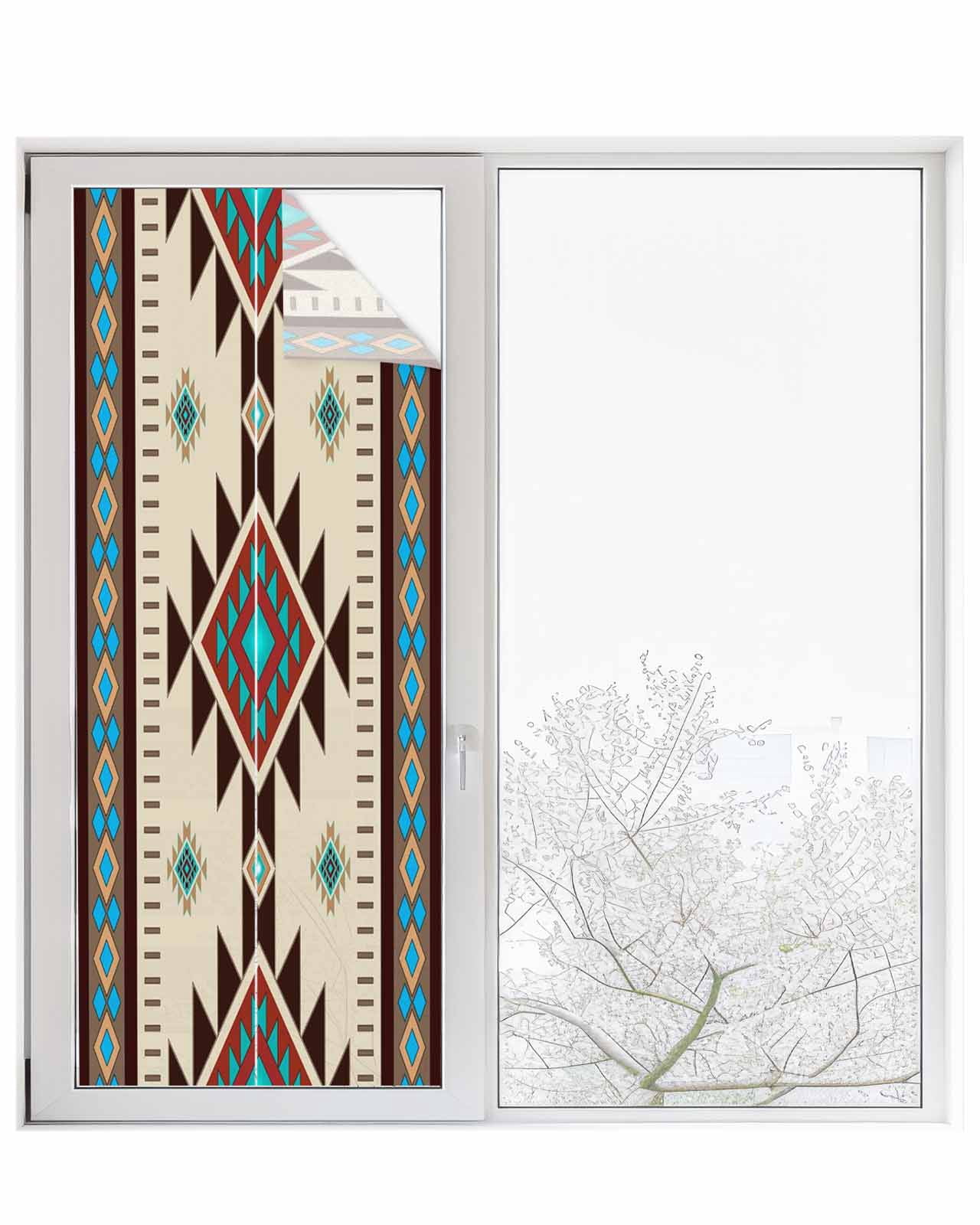 Window Privacy Film Brown Blue Stained Glass Window Film Decorative Sun Block Window Cover Green Southwest Ethnic Native American Boho Window Clings Static Adhesive Sticker for Bathroom 23.6"x59"
