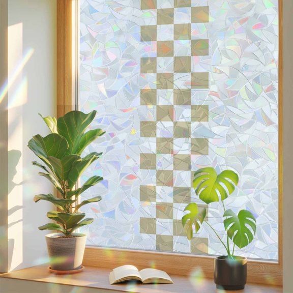 Window Privacy Film Brown Check Plaid Stained Glass Window Film Buffalo Farmhouse Style Pattern Static Window Clings for Glass Windows Home Bathroom Living Room Office Door Sticker 17.7"39.3"