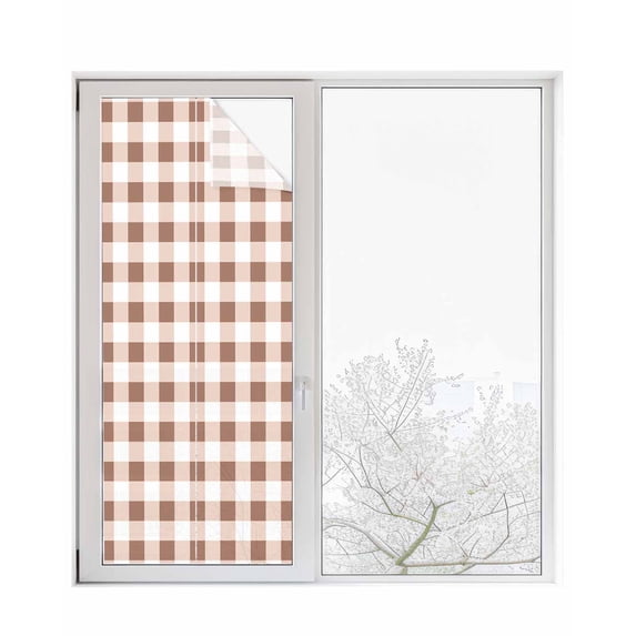 Window Privacy Film Brown Checkered Stained Glass Window Film Decorative Sun Block Window Cover Farmhouse Buffalo Plaid Window Clings Static Adhesive Sticker for Bathroom 23.6"x59"