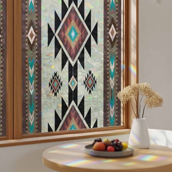 Window Privacy Film, Brown Ethnic Pattern Stained Glass Rainbow Film Retro Bohemian Square Abstract Geometric Decorative Window Clings, Static Cling Sun Blocking Stickers For Bathroom 17.7"x39.3"
