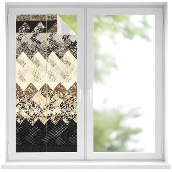 Window Privacy Film Brown Ethnic Stained Glass Window Film Decorative Sun Block Window Cover Southwest Zigzag Weave Boho Retro Geometric Window Clings Static Adhesive Sticker for Bathroom 19.6"x39.3"