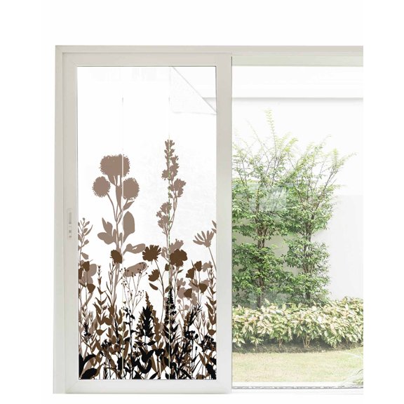 Window Privacy Film Brown Flowers Stained Glass Window Film Decorative Sun Block Window Cover Vintage Country Spring Wild Floral Herbs Window Clings Static Adhesive Sticker for Bathroom 35.4"x78.7"