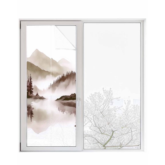 Window Privacy Film Brown Ink Landscape Stained Glass Window Film Decorative Sun Block Window Cover Watercolor Lake Forest Window Clings Static Adhesive Sticker for Bathroom 23.6"x59"