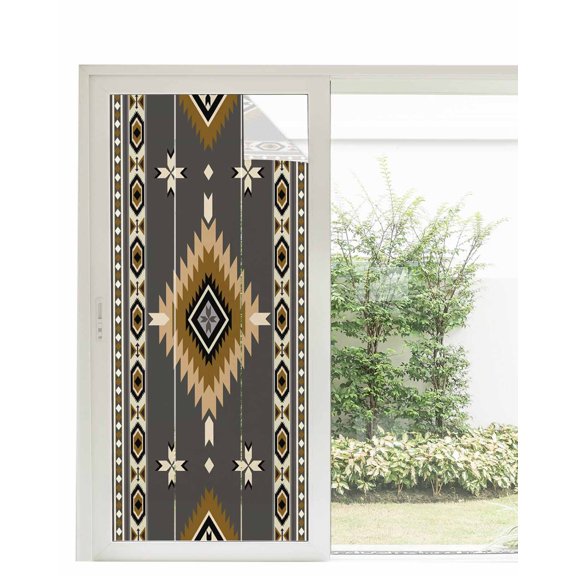 Window Privacy Film, Brown Khaki Boho Southwestern Sun Blocking Window Tint Film Heat Control One Way Blackout Window Film, Retro Ethnic Tribe Geometric Texture Non Adhesive Static Cling 35.4x78.7 In