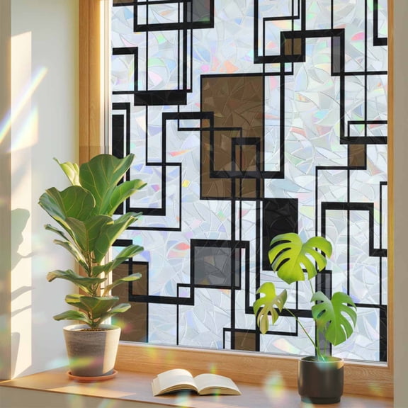 Window Privacy Film Brown Modern Geometric Stained Glass Window Film Abstract Lines Squares Rainbow Static Window Clings for Glass Windows Home Bathroom Living Room Office Door Sticker 17.7"39.3"