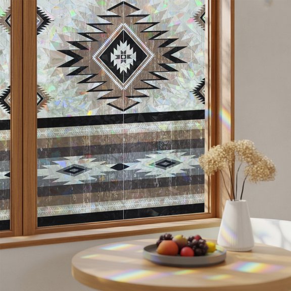 Window Privacy Film, Brown Southwestern Stained Glass Rainbow Film Native Aztec Ethnic Style Geometric Decorative Window Clings, Static Cling Sun Blocking Stickers For Bathroom Bedroom 19.6"x39.3"