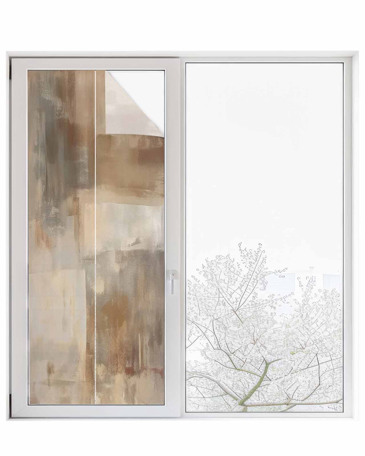 Window Privacy Film Brown Stained Glass Window Film Decorative Sun Block Window Cover Oil Painting Abstract Art Contemporary Window Clings Static Adhesive Sticker for Bathroom 23.6"x59"