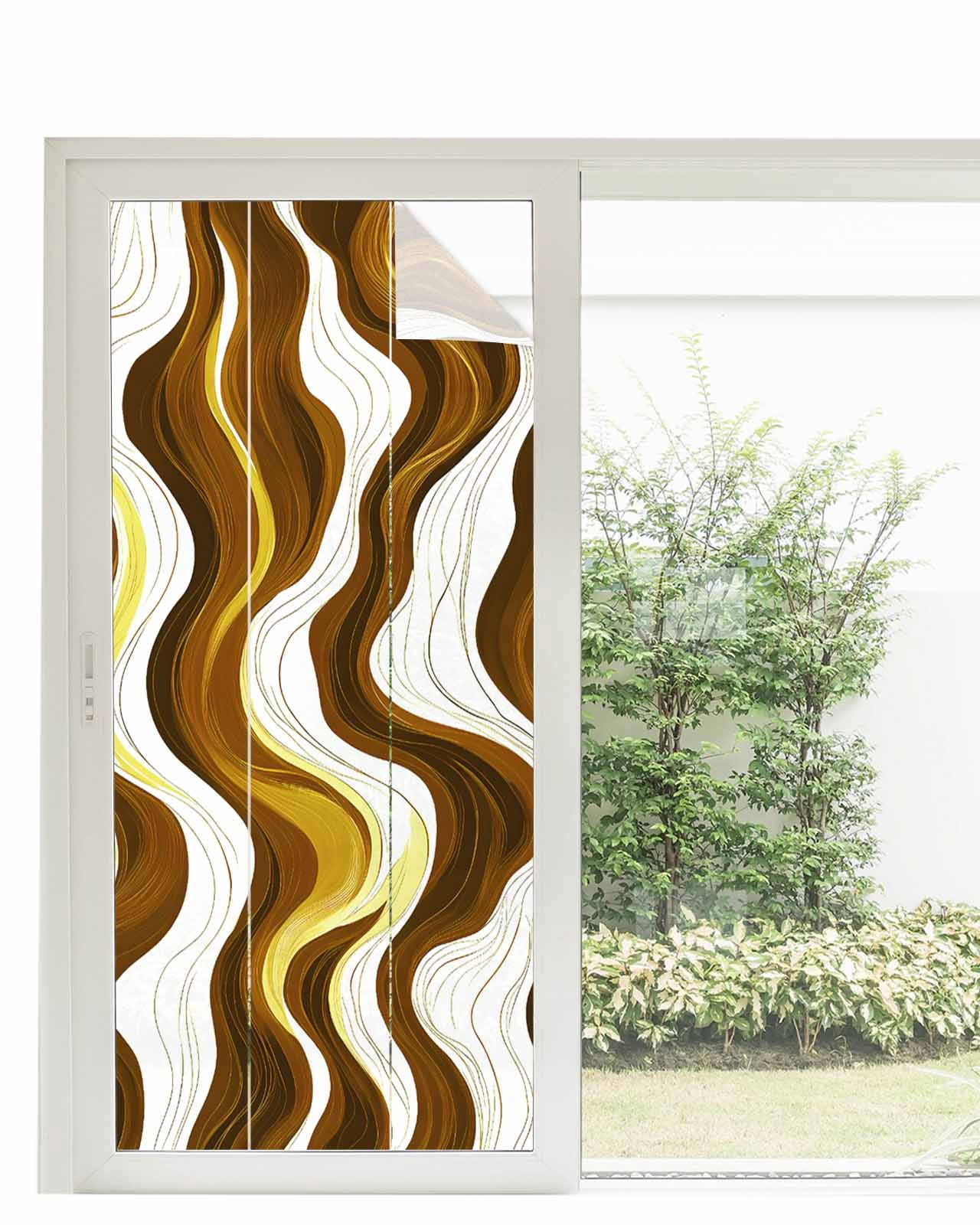 Window Privacy Film Brown Stripe Stained Glass Window Film Decorative Sun Block Window Cover Gold Geometric White Coastal Wave Modern Ocean Window Clings Static Sticker for Bathroom 35.4"x78.7"