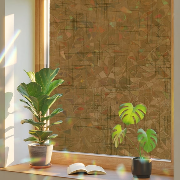Window Privacy Film Brown Textile Weave Stained Glass Window Film Intersect Lines Linen Rainbow Static Window Clings for Glass Windows Home Bathroom Living Room Office Glass Door Sticker 17.7"39.3"