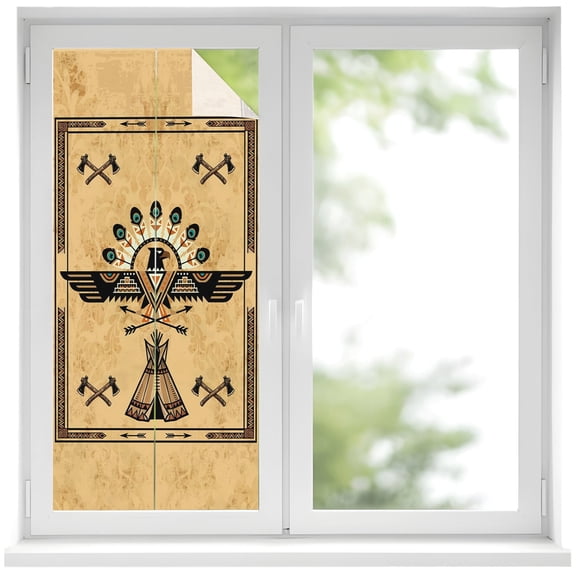 Window Privacy Film Brown Tribal Stained Glass Window Film Decorative Sun Block Window Cover Ethnic Eagle Icon Geometric Traditional Window Clings Static Adhesive Sticker for Bathroom 17.7"x39.3"