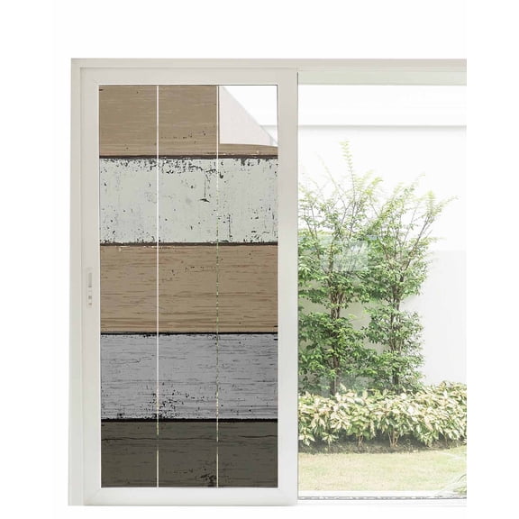 Window Privacy Film Brown Wood Grain Stained Glass Window Film Decorative Sun Block Window Cover Vintage Grey Stripe Gradient Grain Window Clings Static Adhesive Sticker for Bathroom 35.4"x78.7"