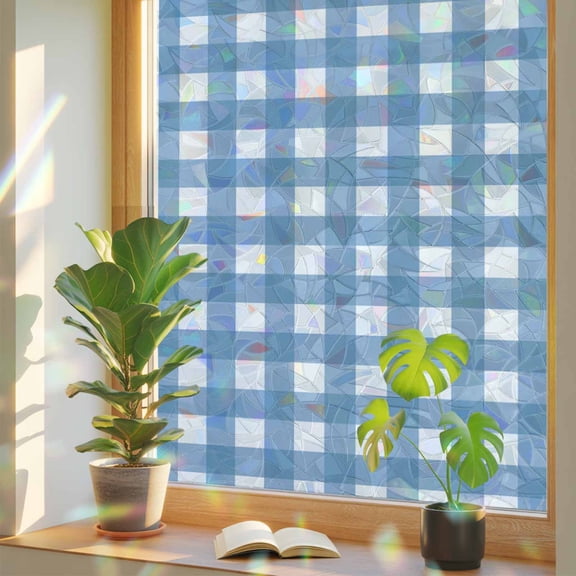 Window Privacy Film Buffalo Plaid Stained Glass Window Film Blue Check Lines Rainbow Static Window Clings for Glass Windows Home Bathroom Living Room Office Glass Door Sticker 17.7"39.3"