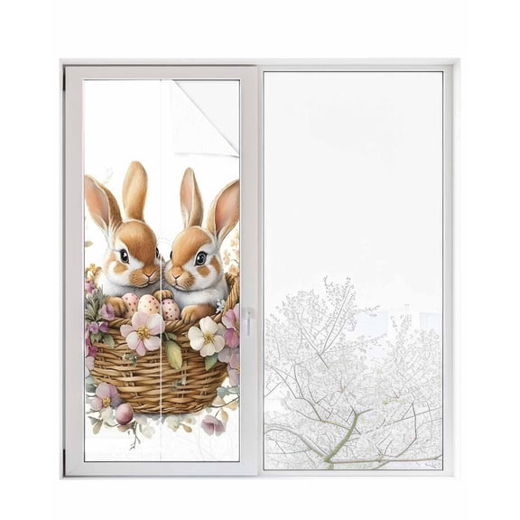 Window Privacy Film Bunny Spring Easter Stained Glass Window Film Decorative Sun Block Window Cover Eggs Colorful Floral Blossoming Window Clings Static Adhesive Sticker for Bathroom 29.5"x78.7"