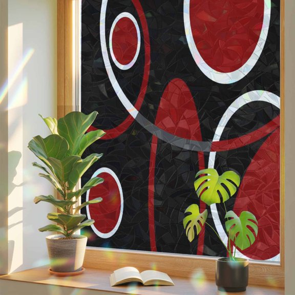 Window Privacy Film Burgundy Red Color Block Stained Glass Static Cling 18x39inch, Abstract Geometric Black Stripe Rainbow Window Film Glass Sticker for Bathroom Bedroom Home