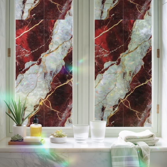 Window Privacy Film,Burgundy Red White Marble Static Clings Decorative Rainbow Window Films Stickers Modern Abstract Stone Crack Texture Sun Blocking Glass Cover for Home Bathroom Office,17.7"x39.3"