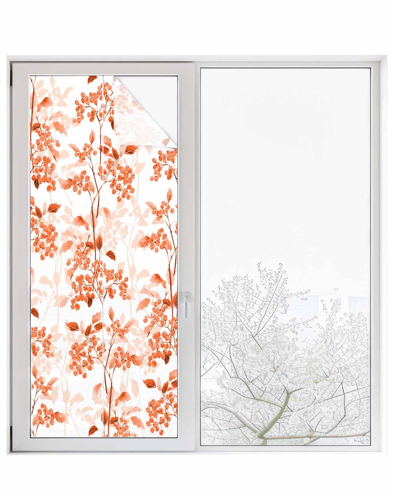 Window Privacy Film Burnt Orange Botanical Stained Glass Window Film Decorative Sun Block Window Cover Vintage Nature Flower Window Clings Static Adhesive Sticker for Bathroom 23.6"x59"