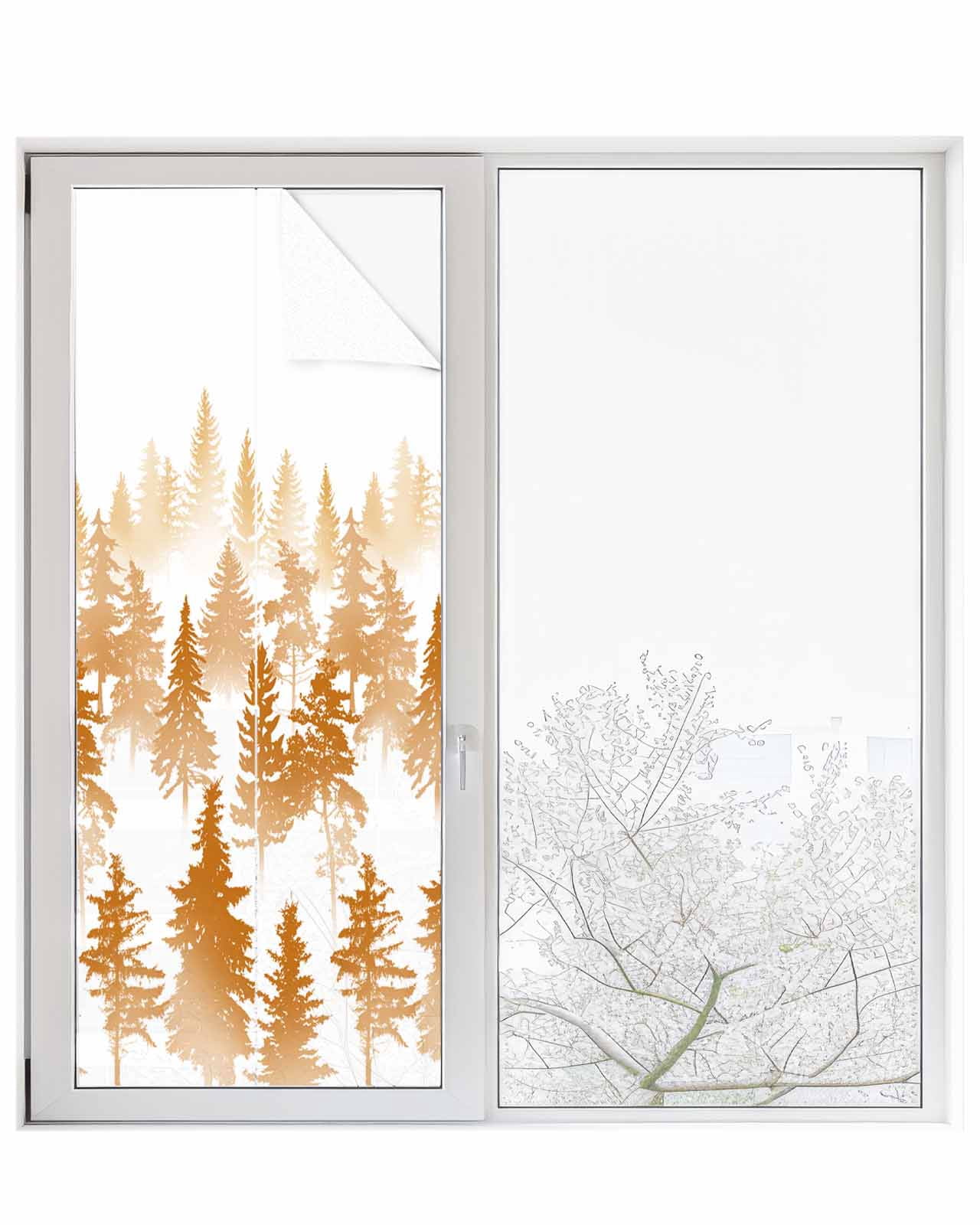 Window Privacy Film, Burnt Orange Forest UV Sun Blocking Window Tint Film Heat Control One Way Blackout Window Film, Modern Abstract Silhouette Art Non Adhesive Static Cling Sticker 29.5x78.7 In