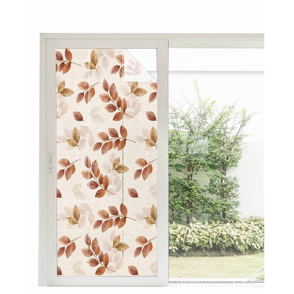 Window Privacy Film, Burnt Orange Grey Eucalyptus UV Sun Blocking Window Tint Film Heat Control One Way Blackout Window Film, Fall Botanical Floral Leaves Beige Non Adhesive Static Cling 35.4x78.7 In