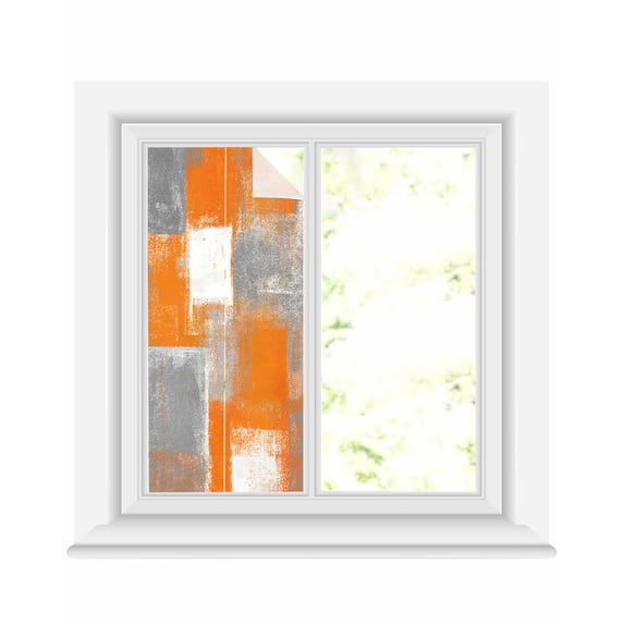 Window Privacy Film Burnt Orange Grey Stained Glass Window Film Decorative Sun Block Window Cover Modern Oil Painting White Geometric Window Clings Static Adhesive Sticker for Bathroom 17.7"x39.3"